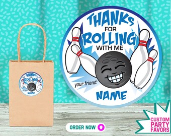 Personalized Bowling Party Stickers: "Thanks For Rolling With Me"