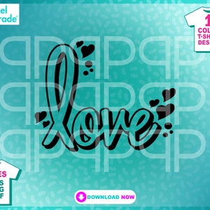May include: Black and white graphic design of the word "love" with hearts. The design is for a one-color t-shirt.