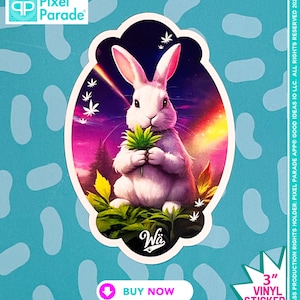 Rabbit Lap Top Sticker, 3&quot;x3.5&quot; Die Cut Vinyl Sticker, Rabbit Character, Rainbow, Marijuana Smoker, Collectable, Brand:&quot;Weed Anything®&quot;