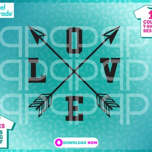 Puede incluir: Diseño gráfico en blanco y negro de la palabra "LOVE" con flechas apuntando en direcciones opuestas. El diseño está sobre un fondo turquesa con el texto "Pixel Parade" en la esquina superior izquierda y "DESCARGAR AHORA" en la esquina inferior derecha.