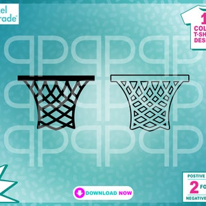 May include: Black and white silhouette of a basketball hoop with a net. The image is on a turquoise background with the text "Pixel Parade" and "Download Now" in pink.