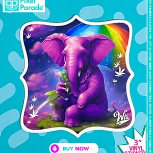 May include: A 3-inch vinyl sticker featuring a purple elephant holding a green plant, with a rainbow and stars in the background. The text "Wä" is in the lower right corner.
