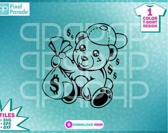 SVG con sacco porta soldi a forma di orsacchiotto: file di taglio per Cricut con silhouette hip hop (download digitale)