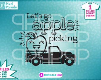 May include: A black and white graphic design with the text "Let's go apple picking" above a smiling apple character in a truck. The image includes the Pixel Parade logo and a t-shirt design graphic.