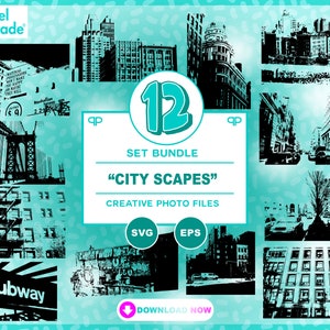 Grattacieli di New York City, 12 pezzi. Pacchetto, Foto artistiche vettoriali, EPS, SVG, File vettoriali, Paesaggio di Street Art, Serigrafia, Pop Art, Graffiti
