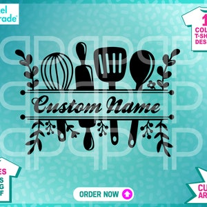 May include: Black and white silhouette design of kitchen utensils, including a whisk, rolling pin, spatula, and spoon, with leafy vines and the text "Custom Name".