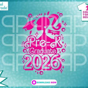 Puede incluir: Un diseño gráfico rosa para un graduado de preescolar en 2026, con la silueta de una persona con gorro de graduación y diploma. El diseño incluye el texto "Pre-K Graduate 2026" y es adecuado para un diseño de camiseta de un color.