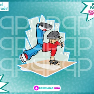 May include: A cartoon illustration of a person wearing a red shirt, blue pants, and a black hat doing a breakdancing move on a brown platform. The background is a turquoise blue with white city buildings.