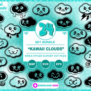 24pc. Bundle, &quot;Kawaii Clouds&quot;, SVG, EPS, DXF, Cut Files, Emoji Character, Kawaii, Cute Expressions, Digital Cut Files by: Pixel Parade App®