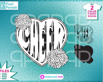 Op de afbeelding: Zwart-wit ontwerp van het woord "CHEER" in een hartvorm met pompoenen aan beide kanten. Dit ontwerp is perfect voor een cheerleadingteam of een fan.
