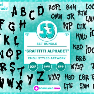 May include: A set of 53 black graffiti alphabet letters and popular slang words in a dripping style. The letters are stylized to look like they were painted with spray paint. The words include ROFL, OMG, BTW, NBD, and more.