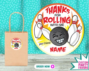 Personalized Bowling Party Stickers: "Thanks For Rolling With Me"