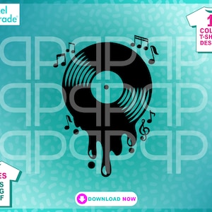 May include: A black vinyl record with musical notes dripping down, a 1 colour t-shirt design.