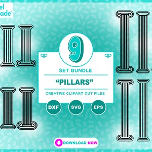 Puede incluir: Un conjunto de nueve archivos de corte digital en blanco y negro de pilares romanos. Los archivos están disponibles en los formatos DXF, SVG y EPS. La imagen incluye el texto "Pillars" y "Set Bundle".