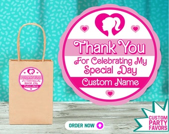 Personalized Pink Doll Birthday Party Stickers: Custom Thank You Favors