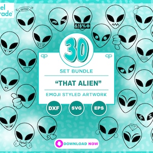 May include: A set of 30 digital clip art images featuring various alien emoji expressions. The images are in black and white and are outlined in a teal color. The text "That Alien" is featured in the center of the image.