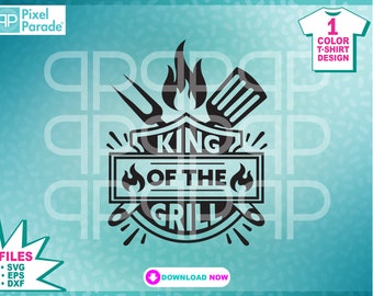 May include: Black and white graphic design of a grill with flames and the text "King of the Grill".