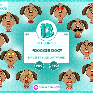 12pc. Bundle "Doggie Dog" Emoji Styled Clip Art, Printable Files, T-shirt Artwork, Sublimation, Pet Clip Art, Sticker Print Files, 300dpi