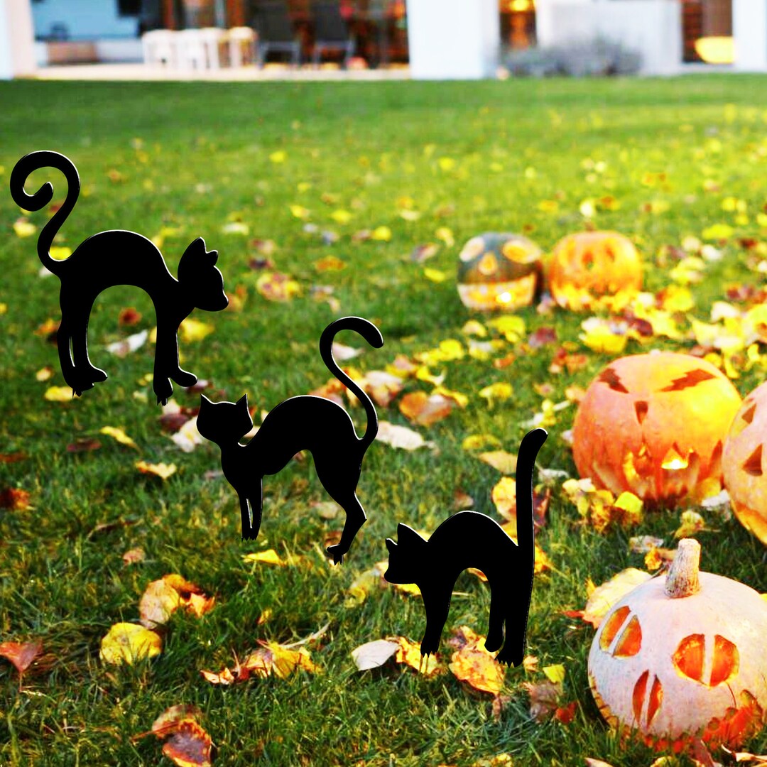 Set of 3 Black Cat Yard Signs With Stakes Creepy Garden Cat Etsy