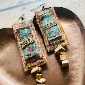 ARTISAN TEXTILE EARRINGS/unique layered bohemian earrings with earthy stones/rectangular earthy earrings/layered textile fabric earrings