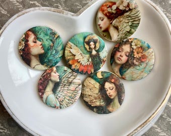 HIGHER REALM/price per bead/unique decoupaged bracelet & necklace bead with angelic images/flat 1 inch wooden disc beads/art beads