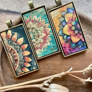 MANDALA PENDANTS - price per pendant/colorful mandalas in antique bronze rectangular pendants/bohemian inspired jewelry/art pendants