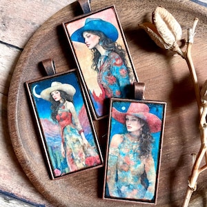 COWGIRL HANGERS - prijs per hanger/boho cowgirls in antieke koperen rechthoekige hangers/op het zuidwesten geïnspireerde sieraden/kunsthangers