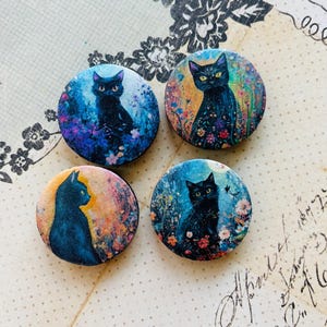 BLACK CAT/price per bead/unique decoupaged bracelet & necklace bead with black cats/flat 1 inch wooden disc bead/Halloween art focal bead