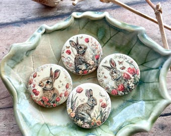 HOPPY/price per bead/unique decoupaged art focal bead with rabbits/1 inch wooden disc beads/art focal beads with bunnies rabbits meadow