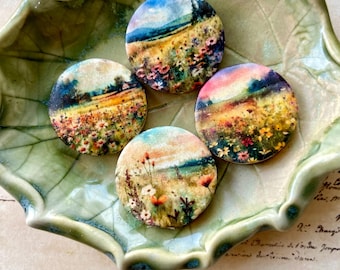 MAGIC HOUR/price per bead/unique decoupaged bracelet & necklace bead with evening meadow scenes/1 inch wooden disc beads/focal art beads