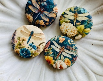 VINTAGE DRAGONFLIES/price per bead/unique decoupaged bracelet & necklace bead with vintage dragonflies/flat 1 inch wooden disc focal beads/