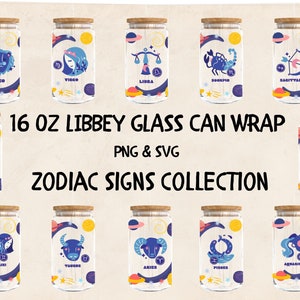 Sternzeichen Bundle Libbey Glasdose SVG Png 16oz Full Wrap Kaffeetasse geschnitten Dateien für Cricut & Silhouette Cameo