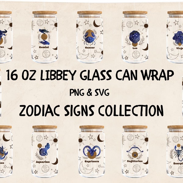 Zodiac Signs Bundle Libbey Can Glass Svg Png Wrap 16oz Coffee Cup Glassware Cut Files for Cricut & Silhouette Cameo