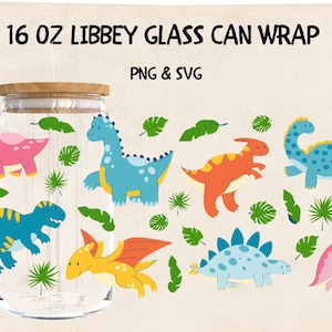 Dinosaurs Libbey Glass Can Svg Png Wrap 16oz Coffee Cup Trendy Digital Design Cut Files for Cricut & Silhouette Cameo