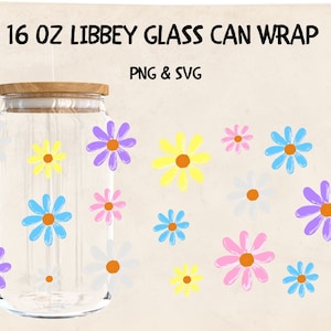 Flowers Daisy Libbey Can Glass 16oz Svg Png Wrap Files for Cricut & Silhouette Cameo Coffee Cup Design