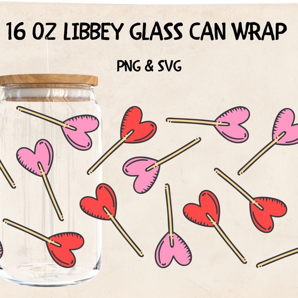 Valentines Day Lollipop Hearts Libbey Can Glass Wrap 16oz Svg Png Coffee Cup Digital Design Cut Files for Cricut & Silhouette Cameo