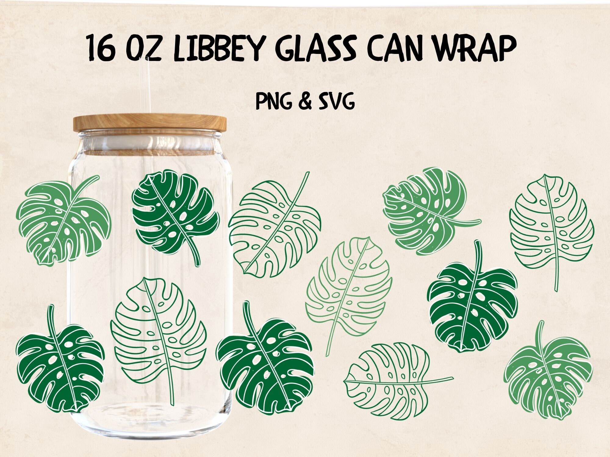 Monstera Libbey Glass Wrap Svg 16oz Coffee Cup Digital Design Png Files ...