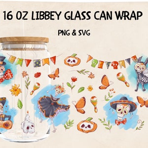 Halloween Libbey Glass Can Svg Wrap 16oz Png Coffee Cup Calavera Digital Design Cut Files for Cricut & Silhouette Cameo