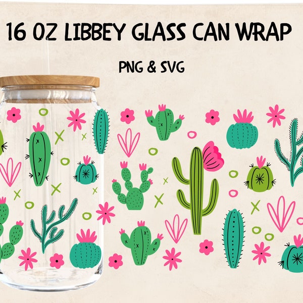 Cactus 16oz Libbey Can Glass Plants Svg Png Wrap  Trendy Design Cut Files for Cricut & Silhouette Cameo