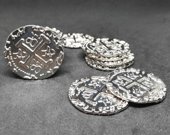 Monedas grandes de metal plateado, 30 mm, para cofre pirata o juego de mesa
