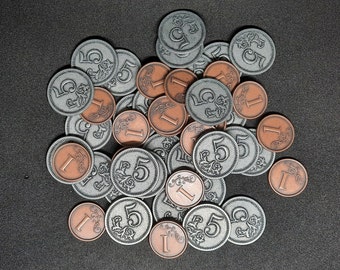 Set of bronze and silver metal coins of value 1 and 5 for board games or role-playing games (several set sizes are available)