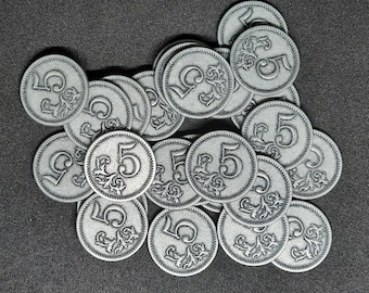 Zilveren metalen munten, 25 mm, waarde 5 voor bordspellen, rollenspellen of middeleeuws thema
