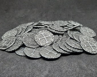 Small antique silver metal coins, 20mm, for pirate chest or board game
