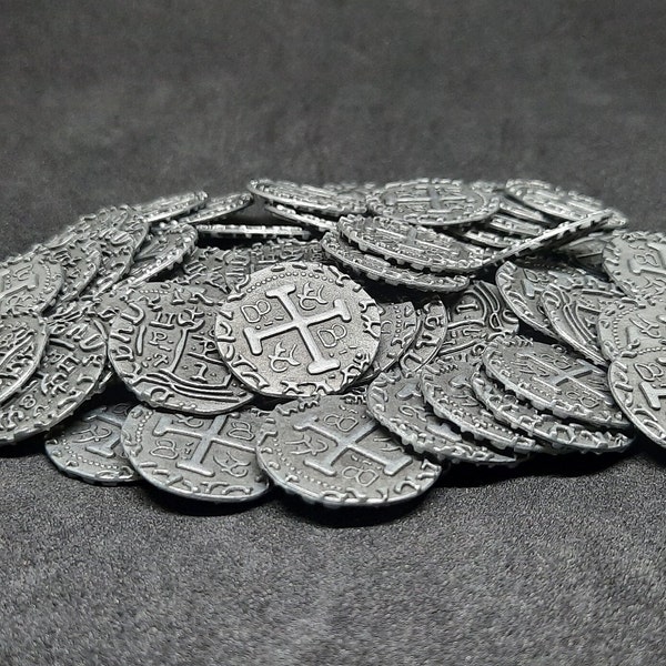 Small antique silver metal coins, 20mm, for pirate chest or board game