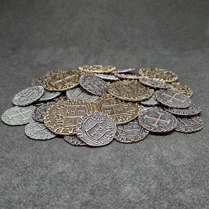 Set of bronze, silver and gold antique real metal coins for pirate chest, board game (several sizes are available)