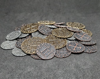 Set of bronze, silver and gold antique real metal coins for pirate chest, board game (several sizes are available)