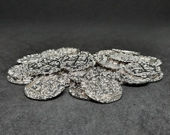 Monedas pequeñas de metal plateado, 20 mm, para cofre pirata o juego de mesa