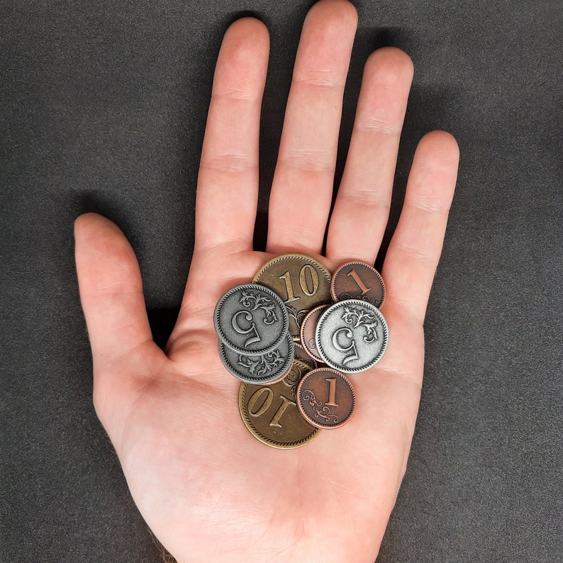 Conjunto de monedas de metal de bronce, plata y oro de valor 1, 5, 10 para juegos de mesa o de rol hay varios tamaños disponibles imagen 6
