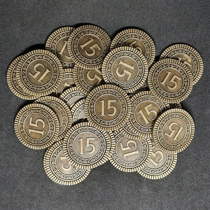 Gold metal coins, 30mm, of value 15 for board games, role playing games or magic theme