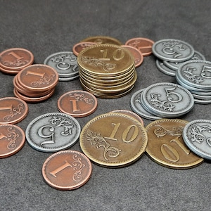 Conjunto de monedas de metal de bronce, plata y oro de valor 1, 5, 10 para juegos de mesa o de rol hay varios tamaños disponibles imagen 4